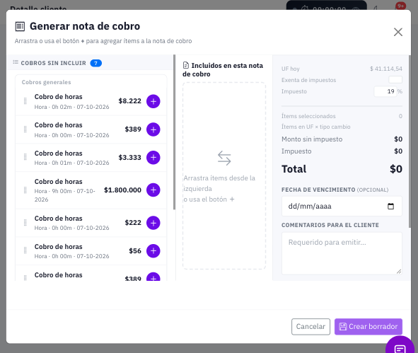 Screenshot de reportes de horas y cobros en TuProcurador Modulo de Cobranza