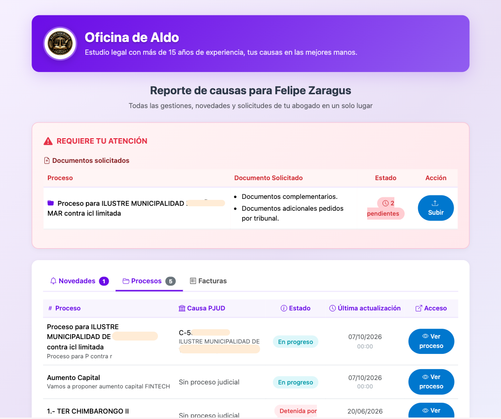 Portal de clientes de TuProcurador con información actualizada de causas