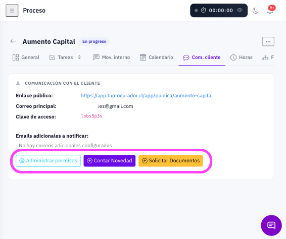 Screenshot del Portal de Clientes de TuProcurador para seguimiento de causas