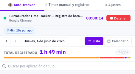 Vista de escritorio del módulo TuProcurador Time Tracker