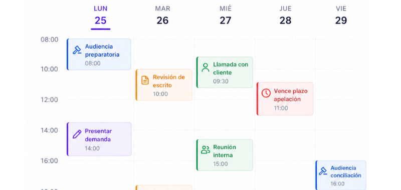 Calendario integrado con audiencias y plazos sincronizados